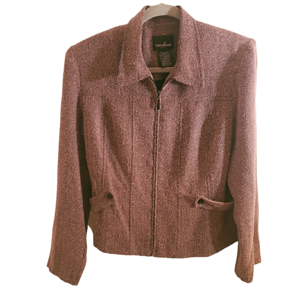 Positive Attitude zip up jacket shoulder pads pink and black rayon thread Size12